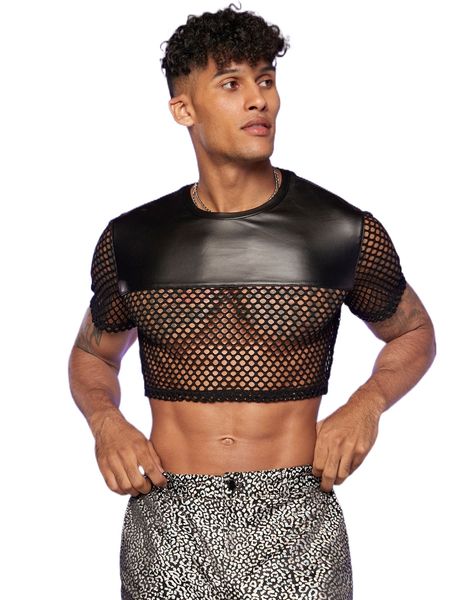 

men fishnet panel crop tee 98ra#, White;black