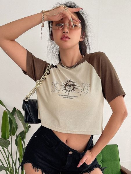 

dazy sun & moon & slogan graphic crop tee t9y1#, White
