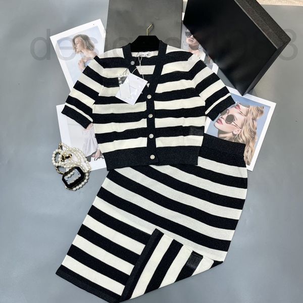 

two piece dress designer 22 new summer contrast striped single breasted knitted short sleeved high waist and hip skirt women's suit 179, White