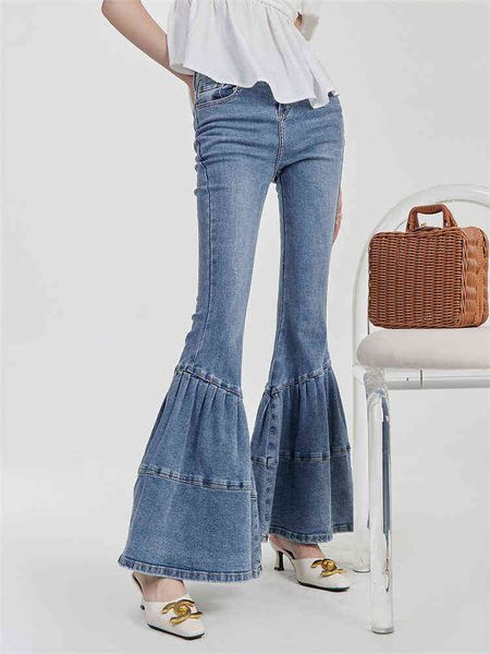 

high waist pleats ruffles large flare jeans spring summer new simple style slim fit casual straight pants female bell bottoms l220726, Blue