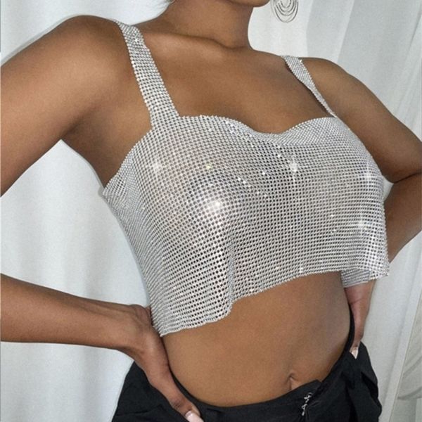 Sruby Glitter Mulheres Crop Top Boate Backless Split Metal Parte Tetherless Strapless Party Night Club Top Wear 220325