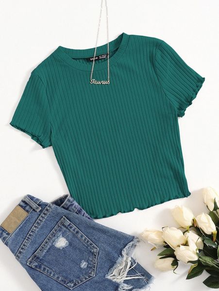 

solid lettuce trim rib-knit tee e9p1#, White