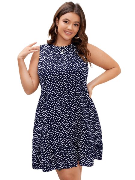 

plus ditsy floral print dress z31c#, Black