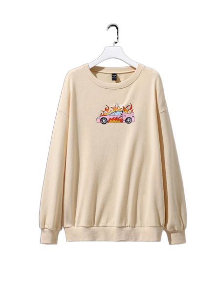 

x iiiamselina car and fire print drop shoulder pullover b26l#, Black