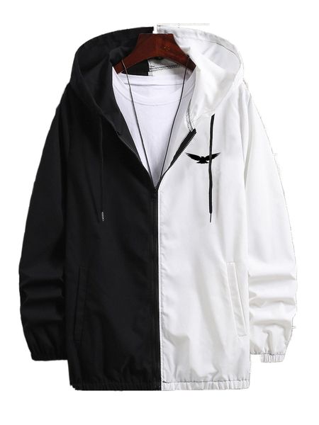 

men eagle print two tone drawstring hooded jacket without tee x4lh#, Black;brown