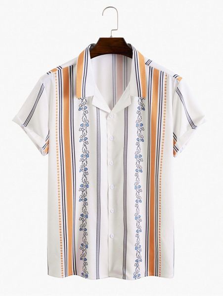 

men striped & plant print shirt j9tc#, White;black