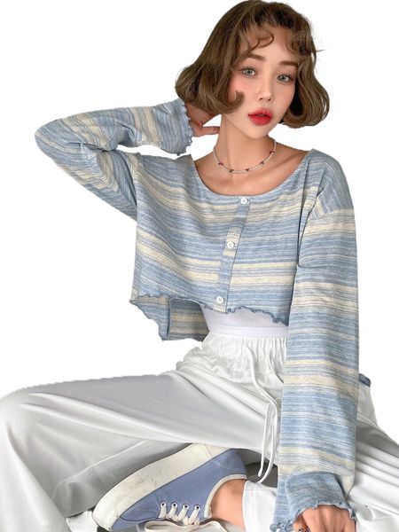 

dazy striped lettuce trim button front tee d2q0#, White