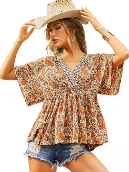 

luukse paisley print dolman sleeve overlap collar peplum tee w0rn#, White