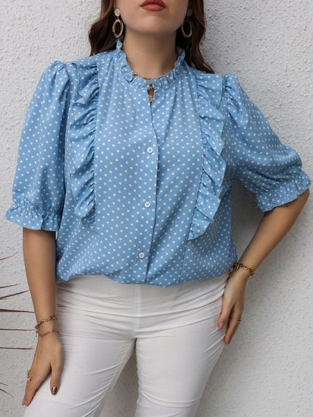 

plus polka dot ruffle trim blouse t0pz#, Black