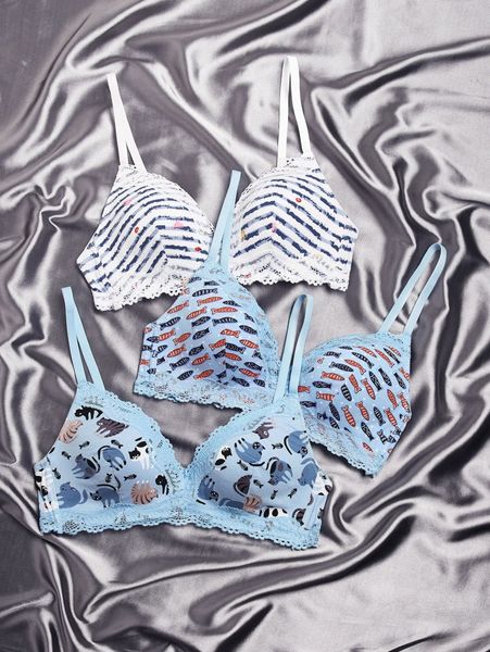 

3pack cartoon print contrast lace bralette i3oe#, Black;red