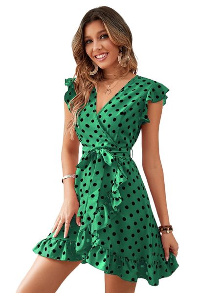 

polka dot print ruffle hem belted dress o8wk#, Black;gray