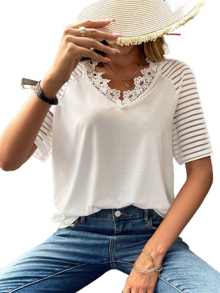 

contrast guipure lace raglan sleeve tee m71t#, White