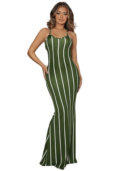 

striped print lace up floor length halter dress 62z9#, Black;gray