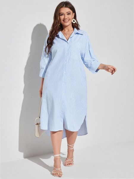 

plus striped drop shoulder button front shirt dress j2fv#, Black