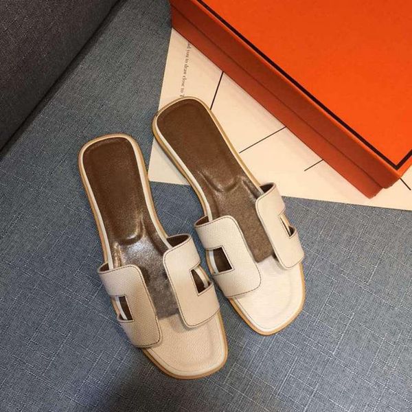 

luxury designer slippers leather ladies sandals summer flat shoes fashion beach women slippers h letter drag 35-42, Black