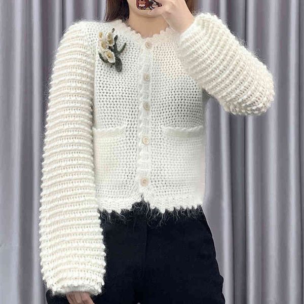 

women's knits & tees yang mi's same knitting flower three-dimensional bubble sleeve hollow sweater mohair cardigan women's v1, White