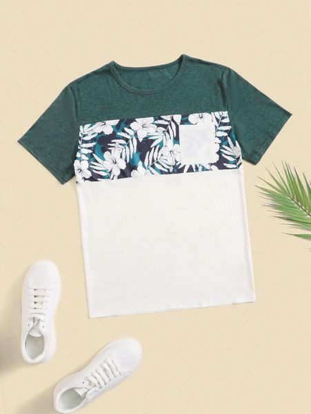 

men 1pc tropical print color block tee e503#, White;black