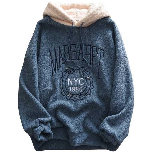

winter loose fashion women hoodie sweatshirt stitching color longsleeved embroidery letters margarft haze blue female pullover 220809, Black