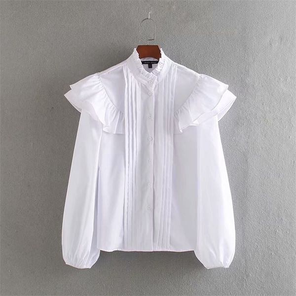 

women sweet agaric lace stand collar casual ruffles blouse female lantern sleeve pleats shirt chic femininas blusas t200321, White