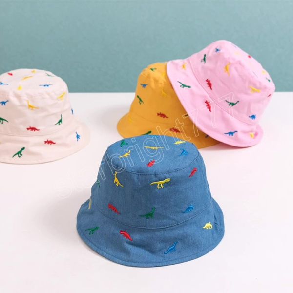 

cartoon dinosaur embroidery bucket hats for baby boy summer cotton sun hat outdoor casual kids girls beach cap, Yellow