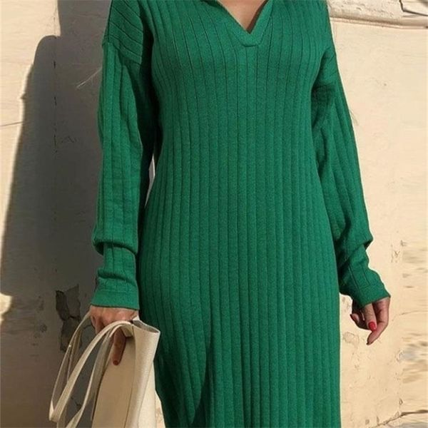 Frauen Gerippte Strickpullover Lange Kleider Casual V-ausschnitt Langarm Saum Split Lose Kleid Elegante Dame Vestidos Herbst 220317