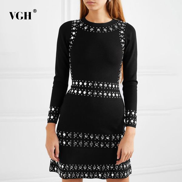 

patchwork rivet black dress for women o neck long sleeve high waist mini streetwear slim dresses female fashion clothes 210507, Black;gray