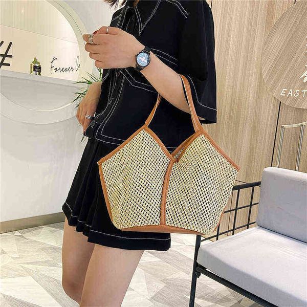 

straw bag casual woven one shoulder women s bag korean fashion splicing portable beach bucket bag 2205013 220513