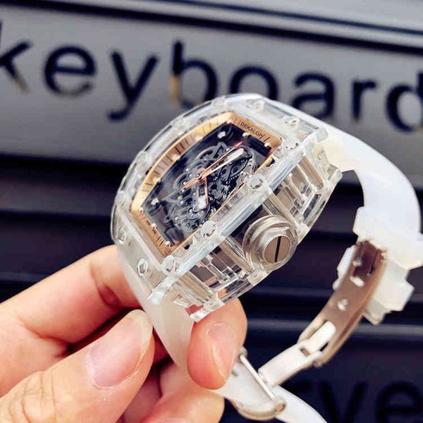 

luxury mens mechanical watch hrtf crystal shell transparent hollow full-automatic wine barrel rubber belt personality swiss movement wristwa, Slivery;golden