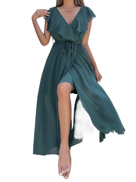 

ruffle trim wrap belted dress y55a#, Black;gray