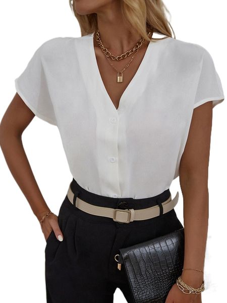 

solid batwing sleeve blouse d8im#, White