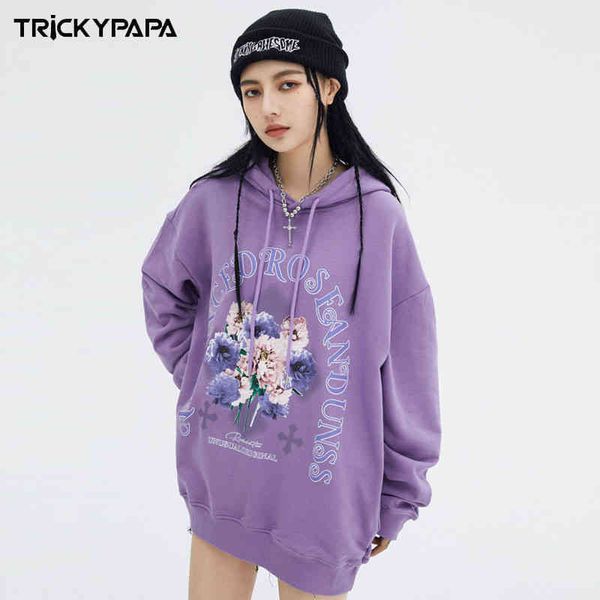 

tkpa american flower letter printed hoodie men's and women's fashion brand couple loose oversize trend, Black
