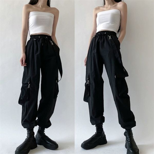 

women fashion harajuku cargo pants black detachable strap trousers female elastic waist streetwear plus zise casual 220325, Black;white