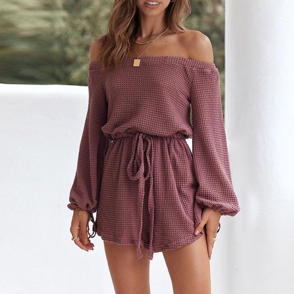 

women's jumpsuits & rompers off shoulder lantern long-sleeved women playsuit waffle drawstring high waist romper female summer lady, Black;white