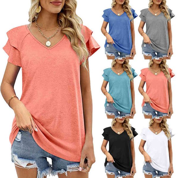 

women's 2022 summer new solid v-neck double ruffle sleeve loose t-shirt top, White