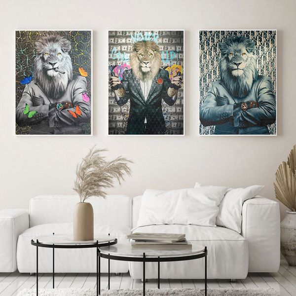 

funny lion boss in suit pictures on canvas wall art painting millionaire animal posters and prints for living room decoration