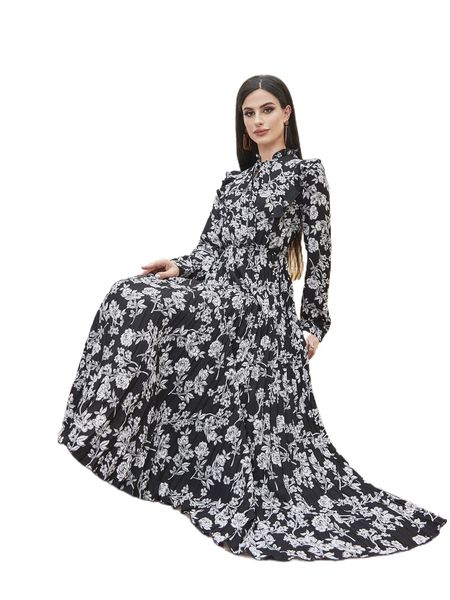 

floral print pleated hem tie neck dress r86k#, Black;gray