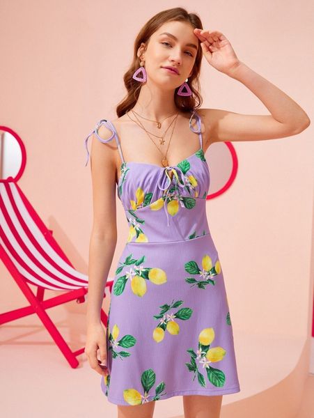 

x kliuyenkovaart lemon print ruched bust cami dress o55x#, Black;gray