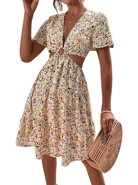 

allover floral print cut out plunging neck ruffle hem dress v9oi#, Black;gray