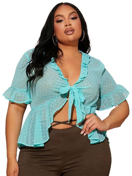 

sxy plus swiss dot flounce sleeve knot front peplum blouse h3g1#, Black