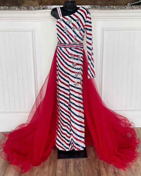 3-Colors Kız Pageant Elbise Tulum 2022 Pullu Romper Beading Yıldız Tül Etek Küçük Çocuk Doğum Günü Tek Omuzlu Resmi Parti Elbise Toddler Gençler Preteen Uzun Kollu