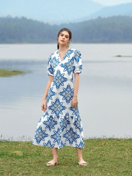 

baroque print puff sleeve ruffle hem dress a7d8#, Black;gray