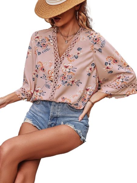 

floral print guipure lace insert trumpet sleeve blouse a0dc#, White