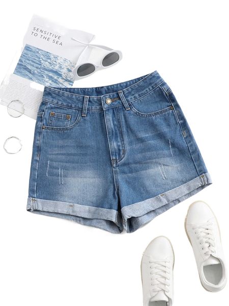 

cat scratch rolled hem denim shorts e5zc#, White;black