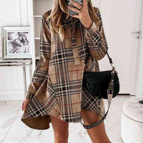 

wholesale casual dresses women elegant plaid print buttons irregular party dress office lady turn-down collar shirt loose mini vestido, Black;gray