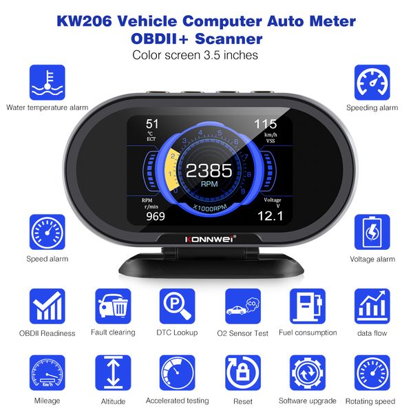 

new konnwei kw206 obd2 on-board computer auto car digital computer display obd 2 scanner fuel consumption water temperature gauge fast-shipm