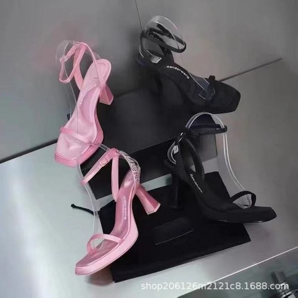 

dress shoes aw square head satin sandals women's middle heel waterproof platform open toe one-line buckle with rhinestone letter heels, Black