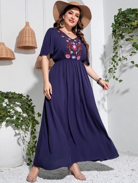 

plus floral embroidery butterfly sleeve dress g59n#, Black
