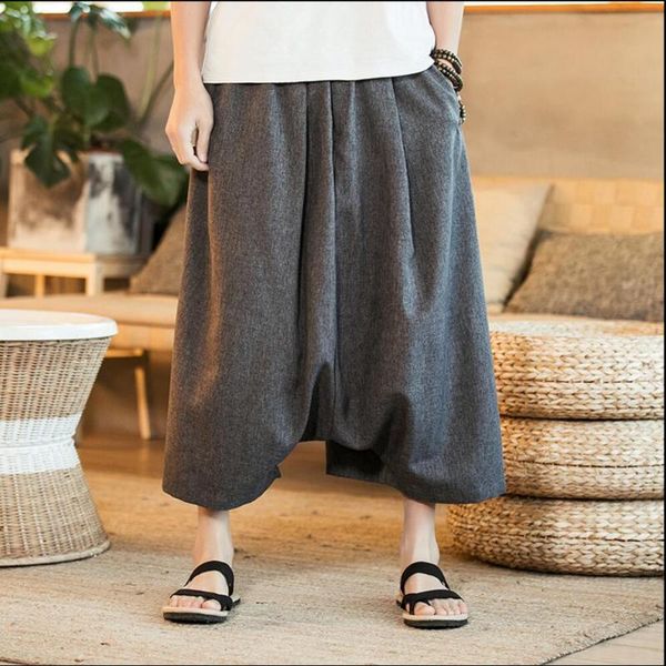 

men's pants m-5xl spring and summer men's wide leg chinese style casual 7 plus size loose comfortable skirt cross, Black