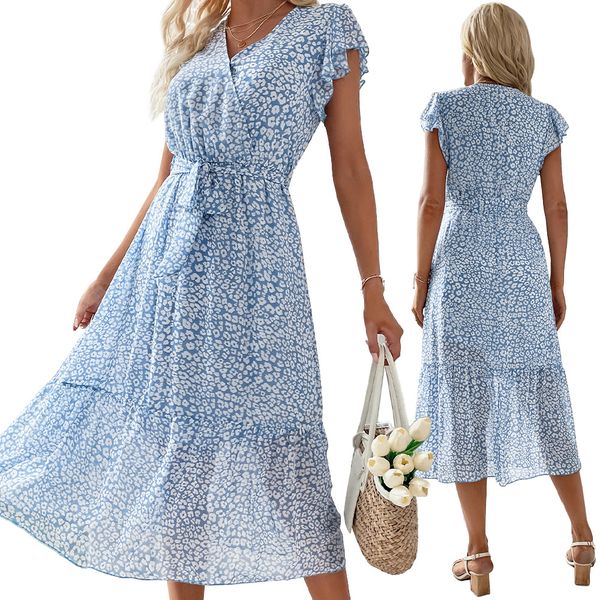 

dress european and american women's fresh small floral print waist v-neck dress, Black;gray
