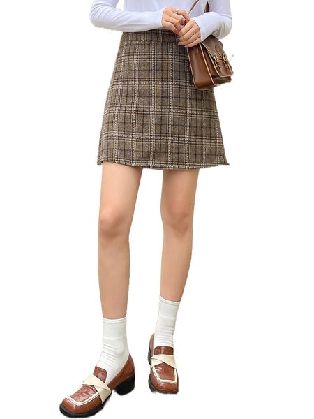 

dazy high waist plaid a-line skirt 42im#, Black